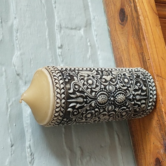 Embossed Black and Cream Detailed Candle Pillar - Picture 1 of 6